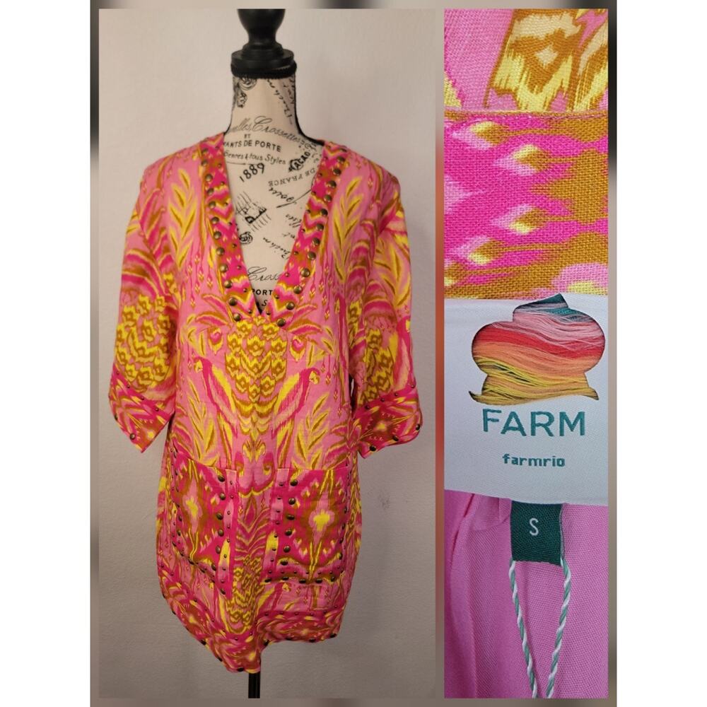 Farm Rio Pineapple Tapestry Linen Shift Mini Dress S Studded Blouson New Cruise
